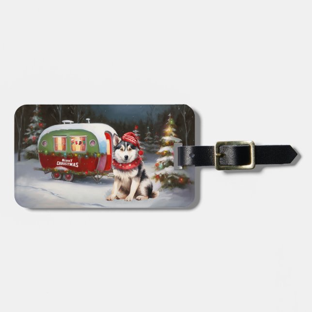 Winter Siberian Husky Caravan Christmas Adventure Luggage Tag (Front Horizontal)