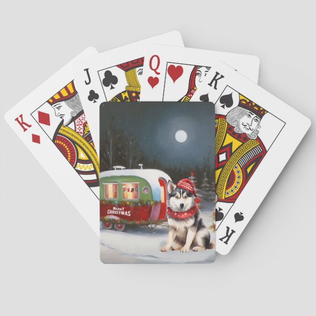 Winter Siberian Husky Caravan Christmas Adventure Playing Cards (Back)