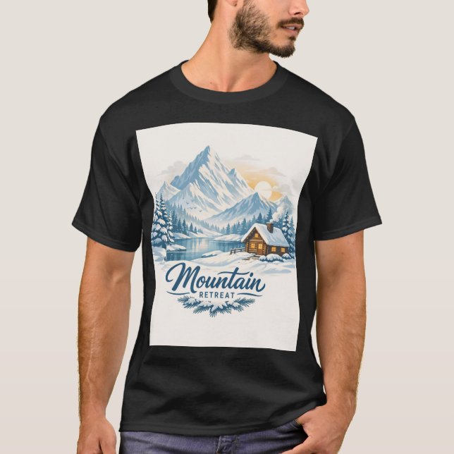 Winter Silence: Snowy Mountain Cabin T-Shirt (Front)
