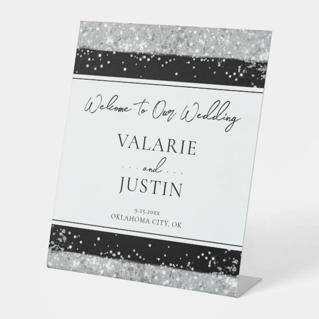 Winter Silver and Black Glitter Wedding Welcome Pedestal Sign (Front)