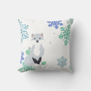 Winter Silver Fox blue snowflakes pattern on white Throw Pillow