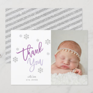 Winter Silver Glitter Snowflake Thank You Photo Invitation