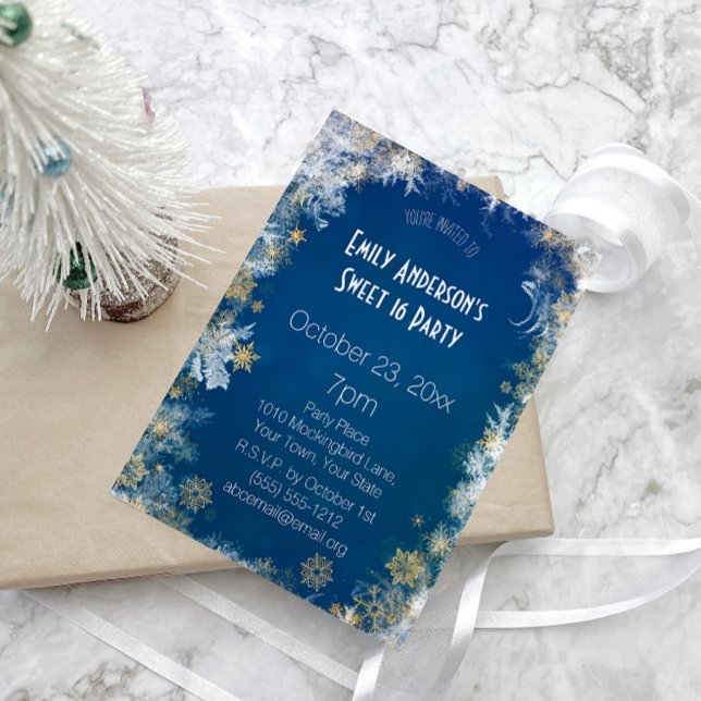 Winter Silver Gold Blue Sweet 16 Birthday Invitation (Creator Uploaded)