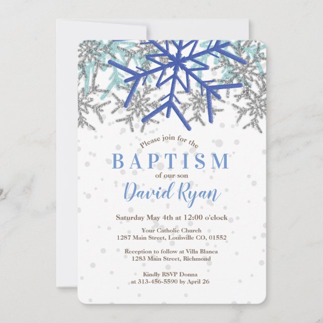 Winter Silver Navy Blue Snowflake Baptism Invite (Front)