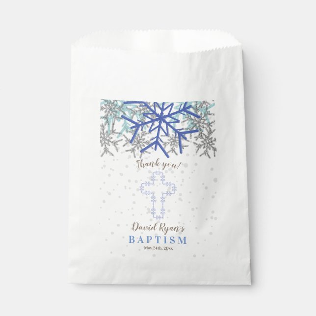 Winter Silver Navy Blue Snowflake Baptism Invite Favour Bag (Front)