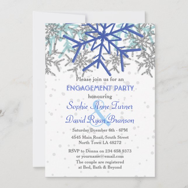 Winter Silver Navy Blue Snowflake Engagement Party Invitation (Front)