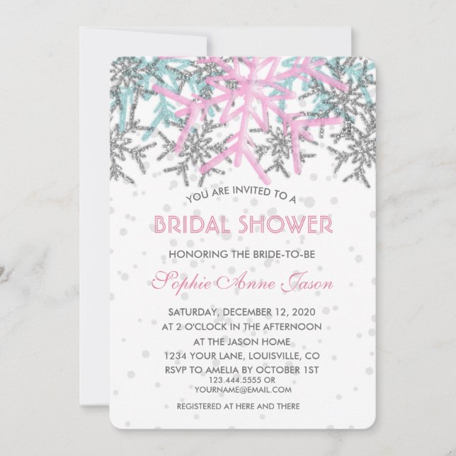 Winter Silver Pink Blue Snowflakes Bridal Shower Invitation (Front)
