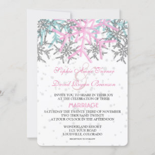 Winter Silver Pink Blue Snowflakes Wedding Invitation