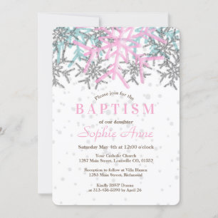 Winter Silver Pink Snowflake Baptism Invite