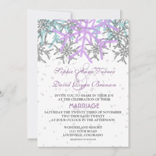 Winter Silver Purple Blue Snowflakes Wedding Invitation (Front)