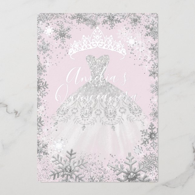 Winter Silver Snowflake Soft Pink Quinceanera (Front)