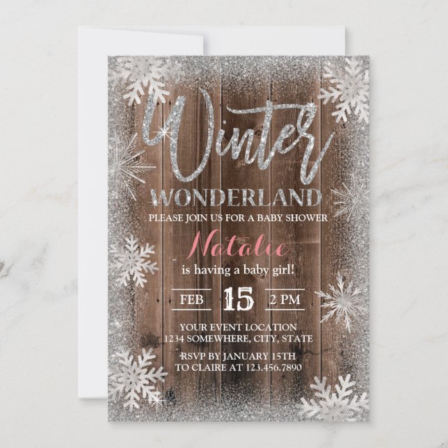 Winter Silver Snowflakes Barn Wood Baby Shower Invitation (Front)