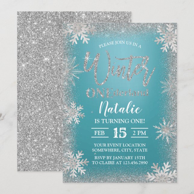 Winter Silver Snowflakes Turquoise 1st Birthday Invitation (Front/Back)