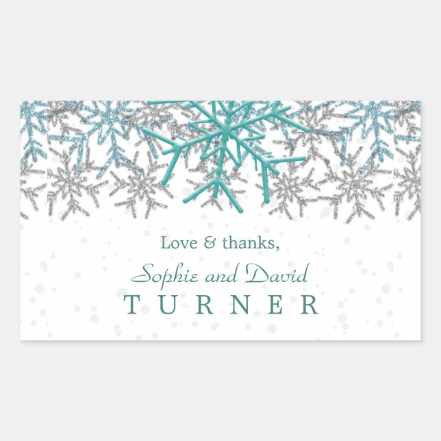 Winter Silver Turquoise Snowflakes Wedding Sticker (Front)