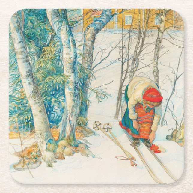 Winter Ski by Carl Larsson Square Paper Coaster (Front)