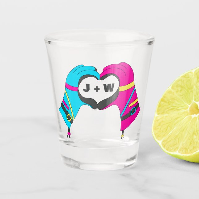 Winter Ski Gloves Hands in Heart Shape Initials Shot Glass (Front)