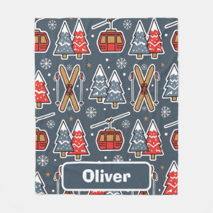 Winter Ski LodgeRetro Alpine Gondola & Skis Fleece Blanket