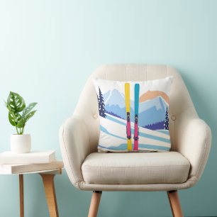 Winter Ski Mountain Throw Pillow