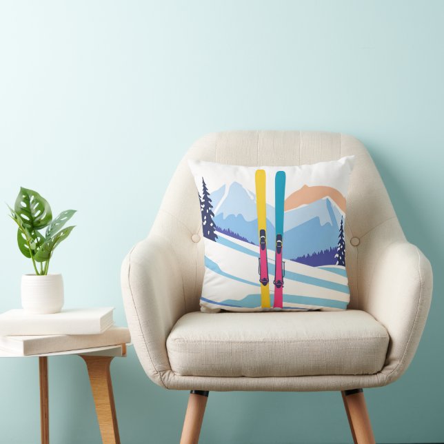 Winter Ski Mountain Throw Pillow (Chair)