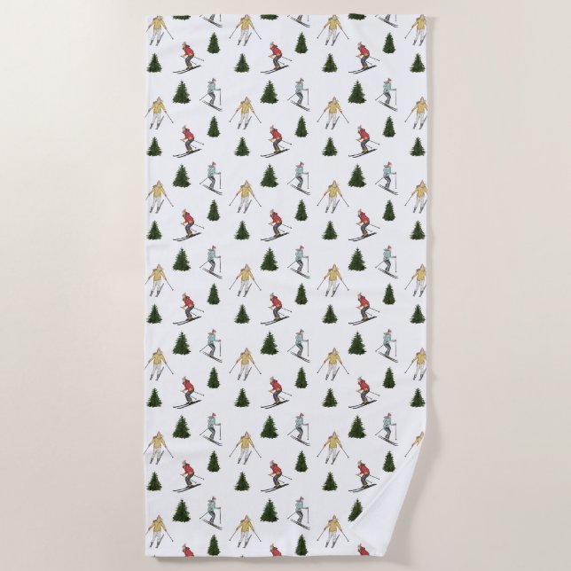 Winter Ski Women Watercolor Christmas Pattern Beach Towel (Front)