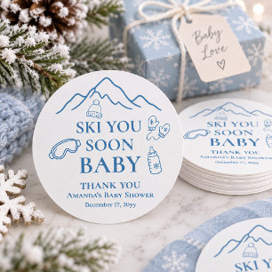Winter Ski You Soon Blue Boy Baby Shower Classic Round Sticker