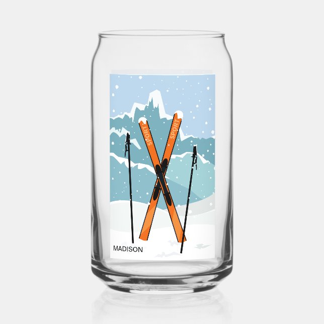 Winter Skiing custom name Can Glass (Back)