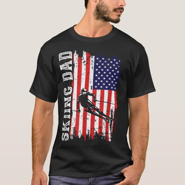 Winter Skiing Dad For Lover Ski Usa Flag Skiers Fa T-Shirt (Front)