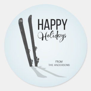 Winter Skiing Happy Holidays Round Stickers