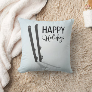 Winter Skiing Happy Holidays Throw Pillow
