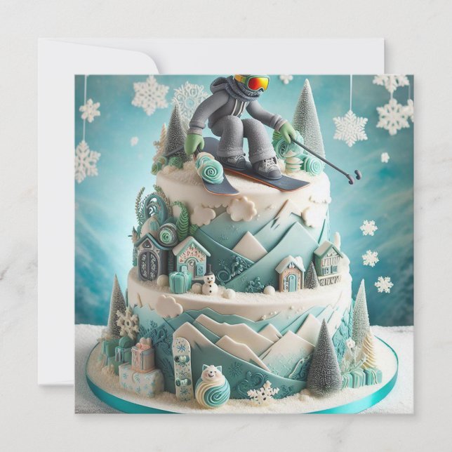 WINTER SKIING THEMED BIRTHDAY CAKE  INVITATION (Front)