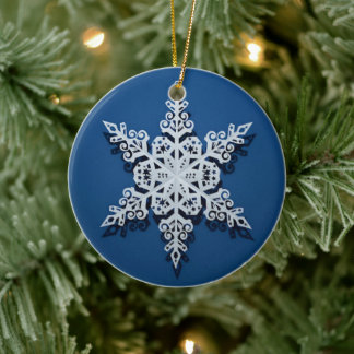 Winter Sky Snowflake — Classic White on Blue Ceramic Ornament