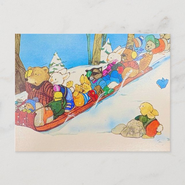 Winter Sledding Animals Postcard (Front)