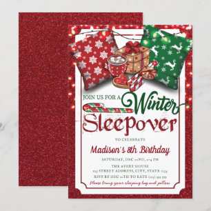 Winter Sleepover Birthday Party Red Glitter Invitation