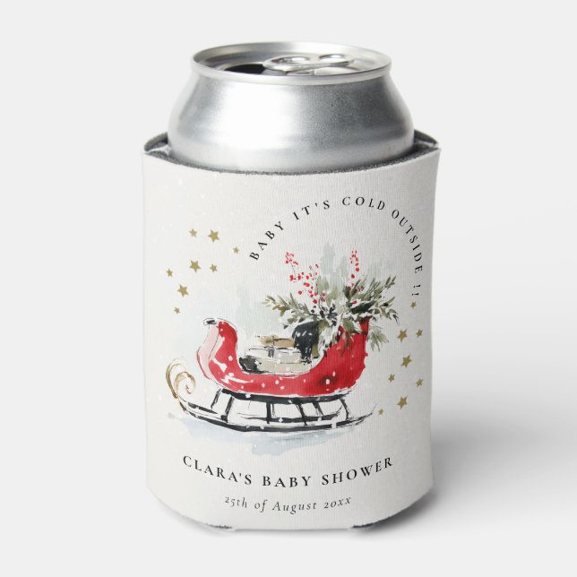 Winter Sleigh Its Cold Outside Neutral Baby Shower Can Cooler (Can Front)