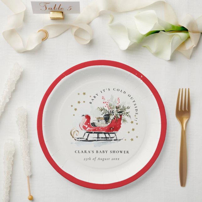 Winter Sleigh Its Cold Outside Neutral Baby Shower Paper Plate (Wedding)