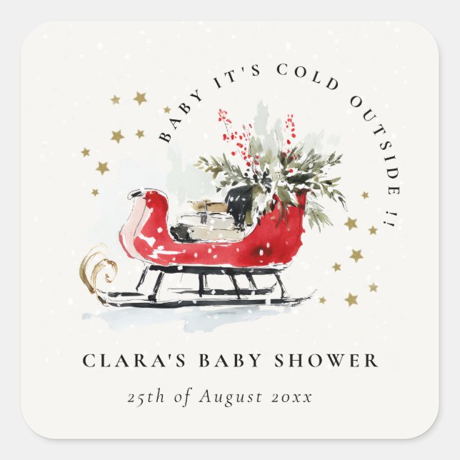 Winter Sleigh Its Cold Outside Neutral Baby Shower Square Sticker (Front)
