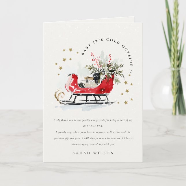 Winter Sleigh Its Cold Outside Neutral Baby Shower Thank You Card (Front)