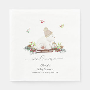 Winter Sleigh Polar Bear Baby Shower Welcome Napkin