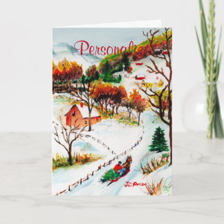 Winter Sleigh Ride Mountain Christmas Watercolor Holiday Card