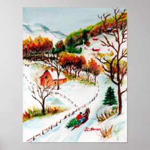 Winter Sleigh Ride Mountain Christmas Watercolor Poster