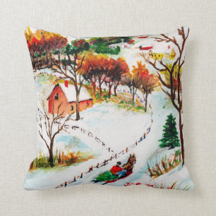 Winter Sleigh Ride Mountain Christmas Watercolor Throw Pillow