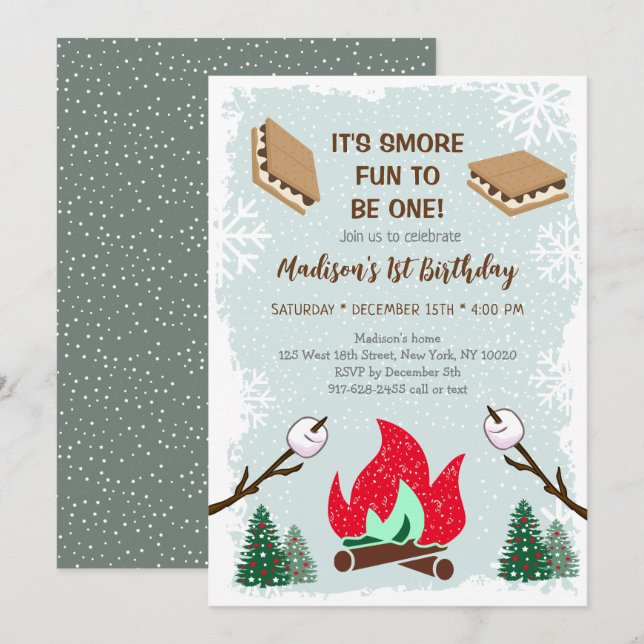 Winter S'mores Campfire First Birthday Invitation (Devant / Derrière)