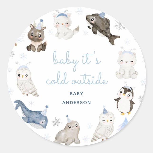 Winter Snow Animals Baby Shower Classic Round Sticker (Front)
