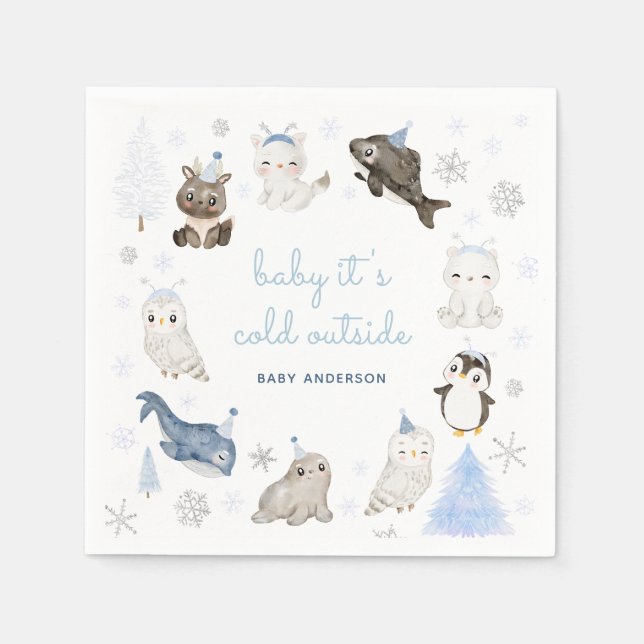 Winter Snow Animals Baby Shower Napkin (Front)