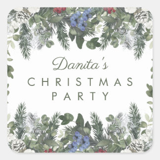 Winter Snow Berries Pine Christmas Personalized Square Sticker