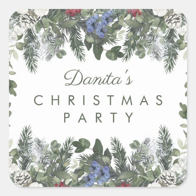 Winter Snow Berries Pine Christmas Personalized Square Sticker (Front)