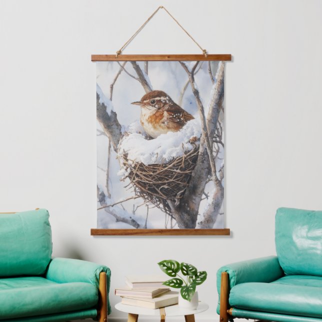 Winter Snow Bird Wren in Tree Nest Nature Art Hanging Tapestry (Living Room)