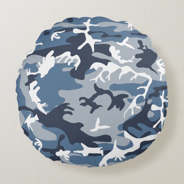 Winter Snow Blue Camouflage, Military, Army Round Pillow (Front)