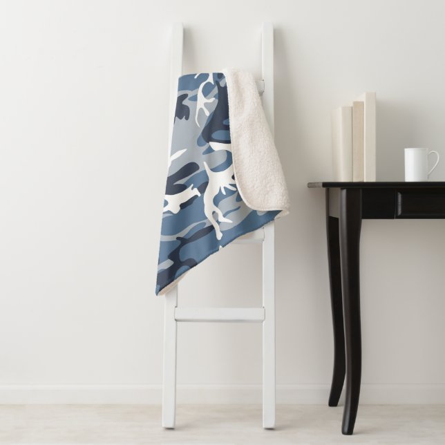 Winter Snow Blue Camouflage, Military, Army Sherpa Blanket (In Situ)
