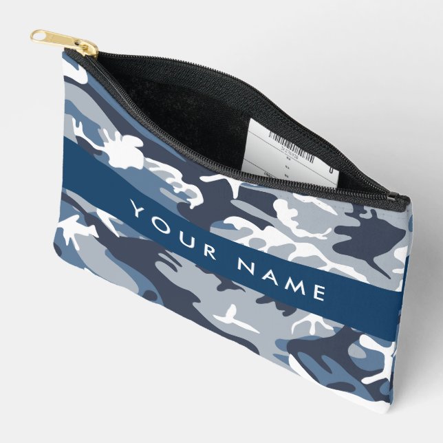 Winter Snow Blue Camouflage Your name Personalize Accessory Pouch (Open)